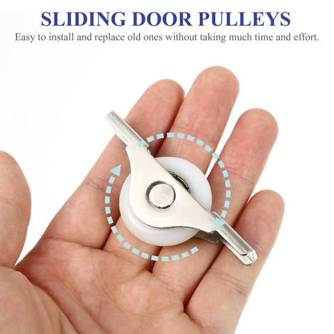 Glides Like Butter Nylon Sliding Door Pulleys Smooth Quiet Cabinet Guide Rollers Heavy Duty Track Wheels For Wardrobes And Gates Super Slick Four Pack Hardware in hand showing detail.