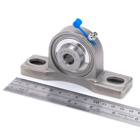 Heavy Duty Rig 2 Pack 445C Stainless Steel Pillow Block Bearings With Self Aligning 1/2 Inch Bore, measurement scale included.