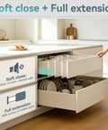 Heavy Duty 10 Inch Bottom Mount Soft Close Drawer Slides in a modern kitchen, showcasing full extension and soft close features.