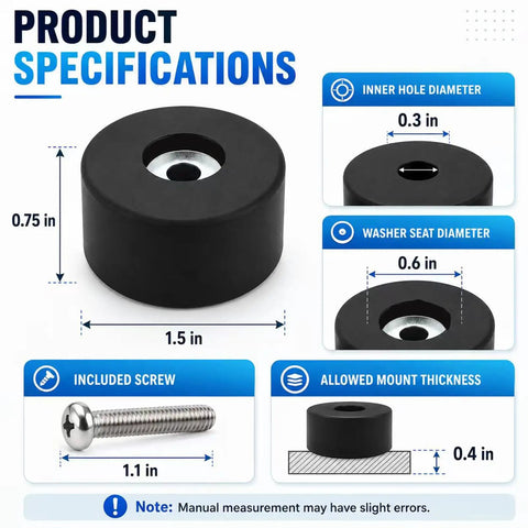 Product specifications for Ten Pack Heavy Duty Rubber Feet For Air Compressor And Generator Anti Vibration Pads, dimensions 1.5 in x 0.75 in.