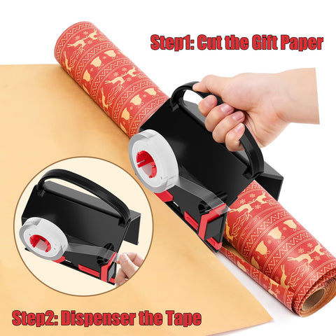 2 Pack Kickass Wrapping Paper Cutter And Tape Dispenser Set Delivers Rock Solid Straight Edges On Gift Wrap Every Time Includes Swappable Blades Zero Fuzz Ends Perfect For Holiday Present Wrangling Red And Black, showing use steps.