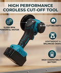 Side view of Knockout 3 Inch Cordless Mini Circular Saw And Angle Grinder Hybrid With Beast Mode Power Control showing lightweight design and 12000 RPM motor.