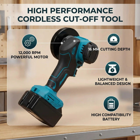 Badass Little Cordless Cut Off Tool And Mini Angle Grinder With 12000 Rpm Grunt And 16Mm Chop Depth For Snappy Cutting Wood Metal Tile Plus Plastic On Tough Weekend Builds, showing detailed motor specs and design.