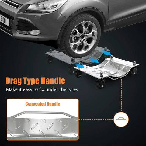 Heavy Duty Car Dollies 4 Pack With 360 Degree Swivel Casters under a car wheel, showcasing drag handle design and rubber wheels.
