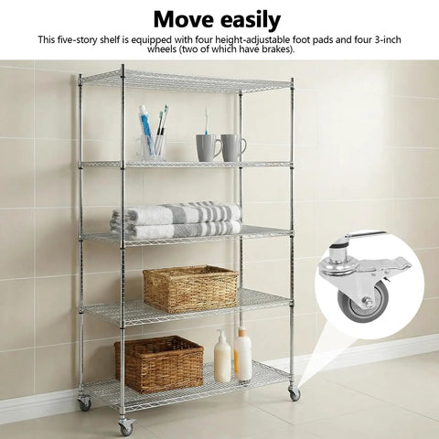 Hella Tough 5 Tier Wire Shelving Cart With Rolling Casters Adjustable Heavy Duty Storage Rack For Garage Home Shop Flex Your Space No Fuss Vertical Organization Unit with four shelves and rolling wheels.