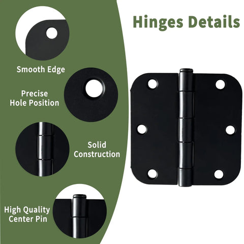 Heavy Duty 3.5 Inch Matte Black Door Hinges With 5 8 Inch Rounded Radius And Silky Smooth No Squeak Nonsense Operation For Seamless Interior Or Exterior Residential Install And Rock Solid Everyday Reliability close-up showing smooth edges and precise hole positions.