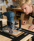 Pro Grade Saw Guide Rail With Adjustable Support Bracket For Rock Solid Alignment And Killer Precision Cuts, at workbench with router.