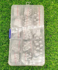 Assorted Full-Size Precision Steel Balls Set With Storage Box For Bicycle And Machinery, 530 Pieces, on grass background