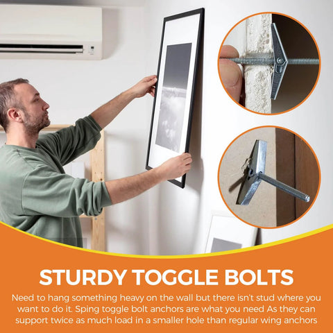 Person using heavy duty drywall toggle bolt set with 34 piece pack for hollow walls, includes quarter inch screws, in home setting.