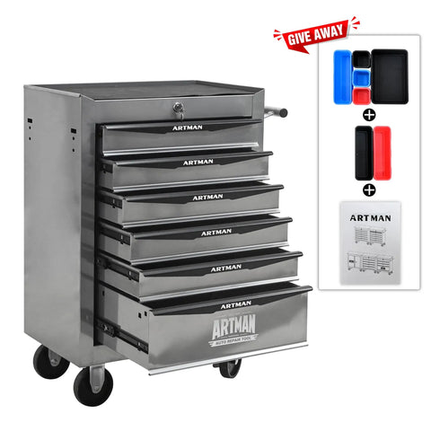 Industrial Grade Rolling Tool Storage Cabinet With Tough Steel Top And Glide Smooth Ball Bearing Slides Mobile Garage Chest With Brake Caster Wheels For Weekend Warriors And Daily Shop Grind Projects Silver, featuring multiple drawers and storage trays.