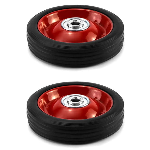 Top Shelf 5 By 1 Point 5 Inch Rubber Caster Wheels Two Pack With Ball Bearing Design, red wheels close up view.