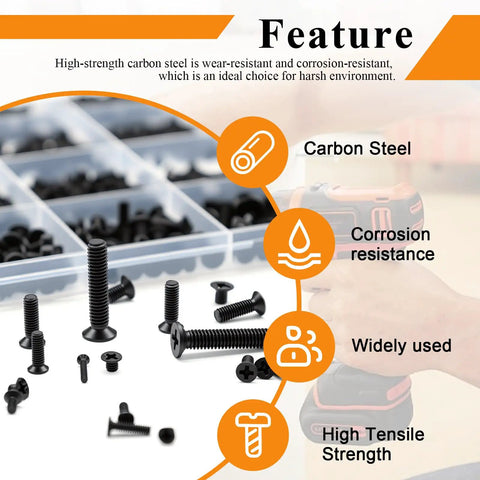 Top Shelf Metric Micro Screw And Hex Nut Assortment Kit With 1130 Pieces Black Carbon Steel Fasteners M1 4 Through M5 in labeled tray.
