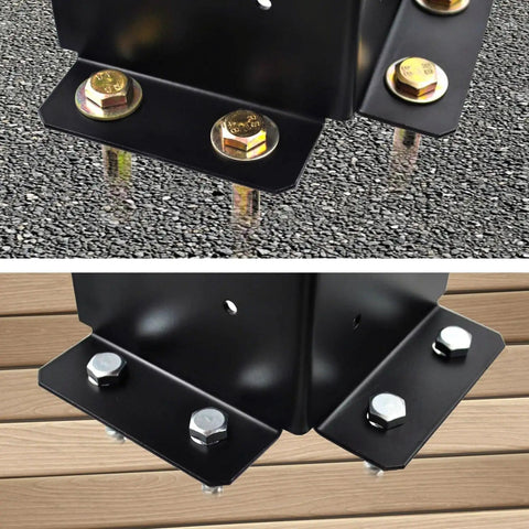 Close-up of 4 Pack Post Anchor Brackets Kit For 4x4 6x6 8x8 Wood Posts showing installation on deck surface.