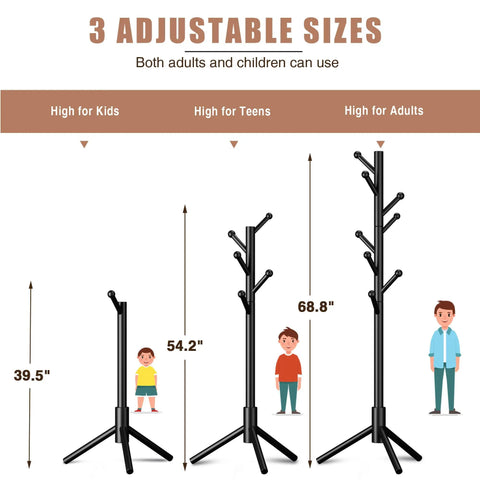 Dope Freestanding Coat Rack With Eight Sturdy Hooks, Three Adjustable Heights shown: 39.5", 54.2", 68.8" with children and adults nearby.