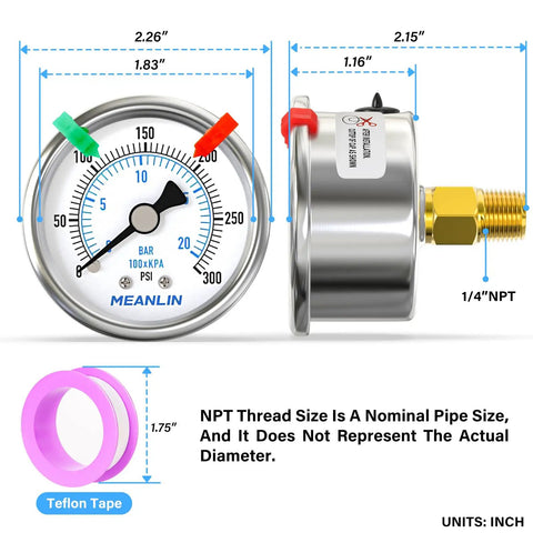 Stainless Steel Dry Pressure Gauge 0-300 Psi With 2 Inch Dial Quarter Inch NPT Center Back Mount for Compressors and Filters