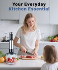 Woman using Your Everyday Kitchen Sidekick Six In One Immersion Hand Blender With 12 Speed Stainless Steel Shaft Includes Whisk in the kitchen.