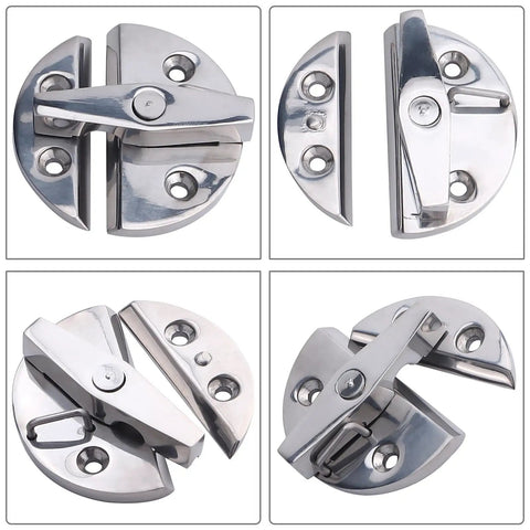 Heavy Duty 316 Stainless Steel Twist Catch Latch Kit For Marine Boat Trunks And Hard Shell Hatches shown from various angles.
