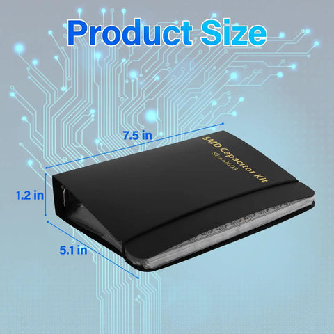 SMD 0603 Capacitor Kit Serving A Badass 2250 Piece Ceramic Chip Assortment with size dimensions on a dark folder.