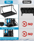 Rock Solid Freestanding Ski Storage Rack For Garage Designed With Zero Hassle to Store Your Snowboards and Boots While Granting Lightning Fast Access For Gnarly Winter Runs with boot and pole storage features.