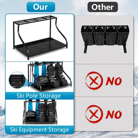 Rock Solid Freestanding Ski Storage Rack For Garage Designed With Zero Hassle to Store Your Snowboards and Boots While Granting Lightning Fast Access For Gnarly Winter Runs with boot and pole storage features.