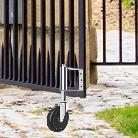Heavy Duty Spring Loaded Gate Caster Wheel 4 Inch Silver Roller with smooth mechanics installed on a black gate.
