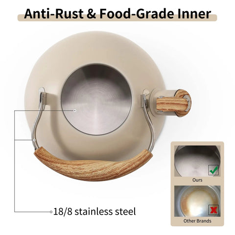 Top view of Stove Top 2.5 Quart Whistling Tea Kettle With Food Grade 18 8 Stainless Steel Wood Pattern Folding Handle Creamy White Finish