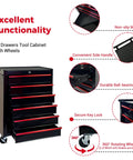 Heavy Duty Rollin Tool Chest With Six Slick Ball Bearing Glides And Scratch Proof Steel Worktop Featuring Locked Swivel Casters For Easy Shop Or Job Site Haulin In Tough Black Powder Coat side view with six drawers and wheels.
