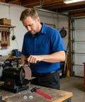 Man using Knock Out Double Head Angle Grinder Wrench With Four Claw Grip And Hex Socket for tool swaps in workshop.