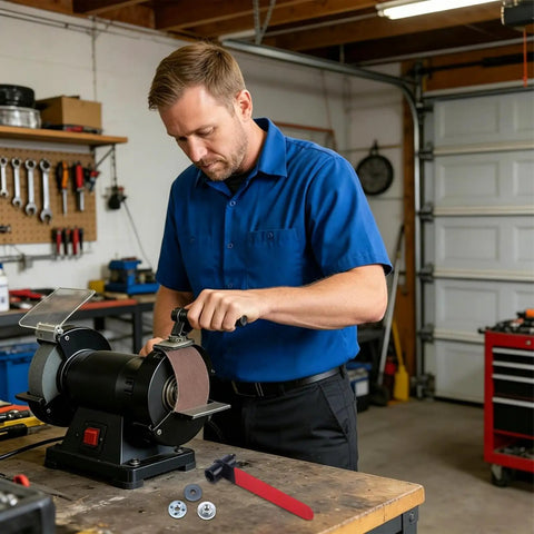 Man using Knock Out Double Head Angle Grinder Wrench With Four Claw Grip And Hex Socket for tool swaps in workshop.