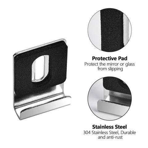 Close-up of a protective pad and stainless steel clip from the 12 Pack Heavy Duty Stainless Steel Mirror Wall Mount Clips With Grippy Non Slip Safety Pads Built Tough Hanging Braces For Quarter Inch Glass Panels And Display Frames Silver.