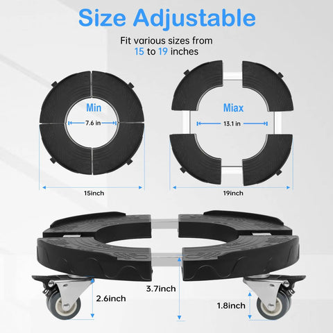 Heavy Duty Round Furniture Dolly With Adjustable 15 To 19 Inch Base showing size adjustment features and measurements for optimal use.