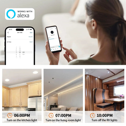 Smart 12V To 24V Dimmer Switch With Remote And Alexa Voice Control For LED Strip Lights RV Interior Fixtures shown in user interface with lighting control options.