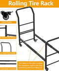 Heavy Duty Rolling Tire Rack With Four Smooth Caster Wheels For Secure Storage And Smooth Hauling Around Home Garages Local Fix Shops. Close-up of the frame and casters.