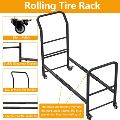 Heavy Duty Rolling Tire Rack With Four Smooth Caster Wheels For Secure Storage And Smooth Hauling Around Home Garages Local Fix Shops. Close-up of the frame and casters.