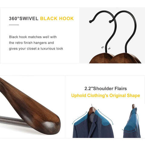 Set Of 6 Premium Wood Hangers With Extra Wide Shoulders For Coats And Suits, Anti Slip Bar, 360 Degree Swivel Black Hooks, Retro Finish