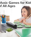 Child playing Portable Electronic Drum Set For Practice And Performance With Snare Toms Crash Ride Hi Hat Pads And Dual Foot Pedals