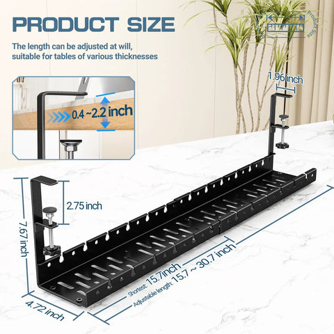 Under Desk Cable Management System With Adjustable Organizer showing dimensions and adjustable clamps, black