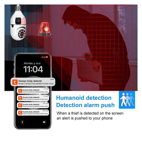 Top Shelf Dual Lens Bulb Wifi Security Camera With Zero Hassle Setup For Indoor Spaces Featuring Ai Human Tracking 360 Degree Pan 180 Degree Tilt Night Vision Plus Two Way Audio alerting on phone with detected human in image.