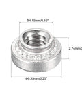 Top Shelf Stainless Steel Self Clinching Rivet Nuts Round Head Thin Sheet Metal Hardware Mounting Fasteners Passivated Finish 100 Piece Pack close-up showing dimensions.
