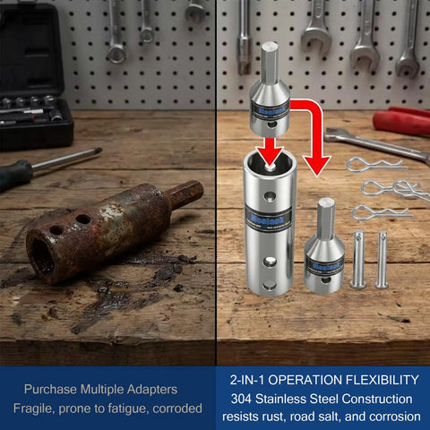 Rock Solid Two In One Trailer Jack Drill Adapter For One And Half Inch Drive Shafts Rust Resistant Stainless Steel Construction showcasing rusted tool vs stainless steel adapter.