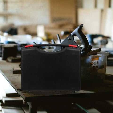 Kickass Portable Plastic Toolbox Organizer With Secure Lid For Hand Tools And Diy Crafts Featuring Hella Roomy Interior For Small Parts Storage On The Go Perfect For Workshop Tasks And Mobile Jobsites against a blurred workshop background.