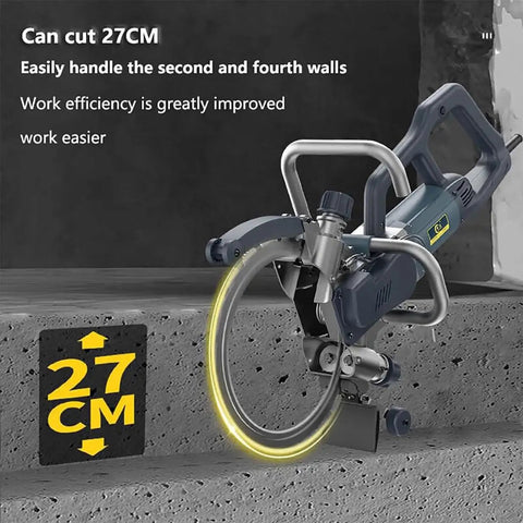 Heavy Duty Electric Ring Saw Wall Cutting Machine With Built In Water Pump And Kickass Performance For Smooth Slotting Through Concrete Stone Brick And Wood Up To Twenty Seven Centimeters Deep cutting into 27CM concrete.