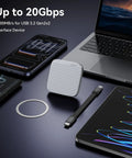 Magnetic External SSD With USB 3.2 Gen 2x2 Up To 2000MBps next to smartphone, tablet, laptop, and magnetic ring