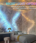 LED Thundercloud Cloud Light With Bluetooth Music Sync in a cozy bedroom, emitting blue and yellow hues over a bed.
