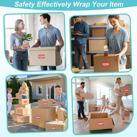 Heavy Duty Dish Packing Kit For Moving With Thick Foam Pouches And Cushion Sheets Paired With Fragile Stickers And Clear Tape used for wrapping boxes during relocation.