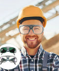 Heavy Duty Pair Of Welding Goggles With Double Layer Plastic Lens Badass Impact Resistant Safety Glasses worn by a smiling worker.