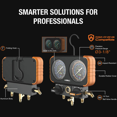 Precise Class 1.0 HVAC Manifold Gauge Set With Beefy Aluminum Body, features dials, folding hook, and ball valve handles for reliable use.