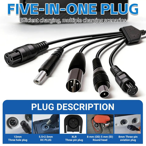 Five-in-one plug for 54.6V 1.6A lithium battery charger for 48V 13S e-bike systems, showing various connector types.