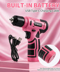 No Sweat Cordless Drill Driver Kit Featuring 62 Piece Precision Screwdriver Bit Set With Live Battery Percentage Display For Effortless Home Repairs And Weekend Construction Tasks with USB Type-C cable on pink background.
