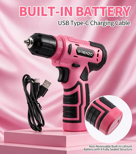 No Sweat Cordless Drill Driver Kit Featuring 62 Piece Precision Screwdriver Bit Set With Live Battery Percentage Display For Effortless Home Repairs And Weekend Construction Tasks with USB Type-C cable on pink background.